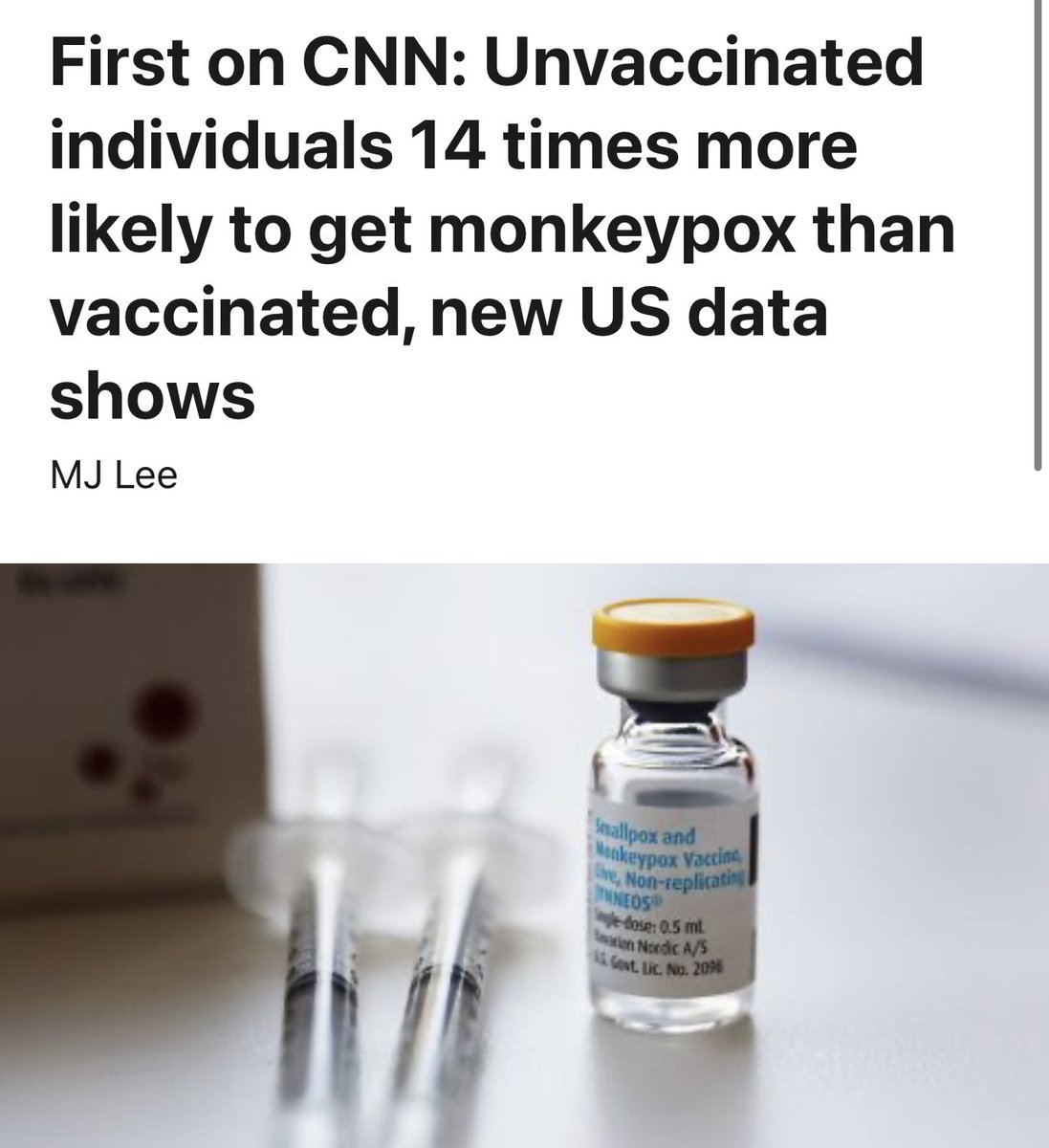 DrEricDing's tweet image. BREAKING—New #monkeypox vaccine data shows eligible individuals who did not receive the monkeypox vaccine were around **14 times likelier to become infected** with the virus than those who were Jynneos vaccinated. That’s ~93% efficacy! Get it if eligible!
cnn.com/2022/09/28/pol…