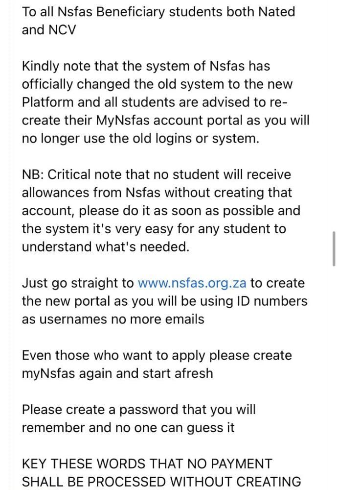 myNSFAS's tweet photo. FAKE NEWS ALERT: Please note the attached message is FALSE! Do not click on any link asking you to recreate your myNSFAS account and remember to never share your personal details with anyone. Please follow our communication platforms for factual updates. https://t.co/MfKG5nSZJj