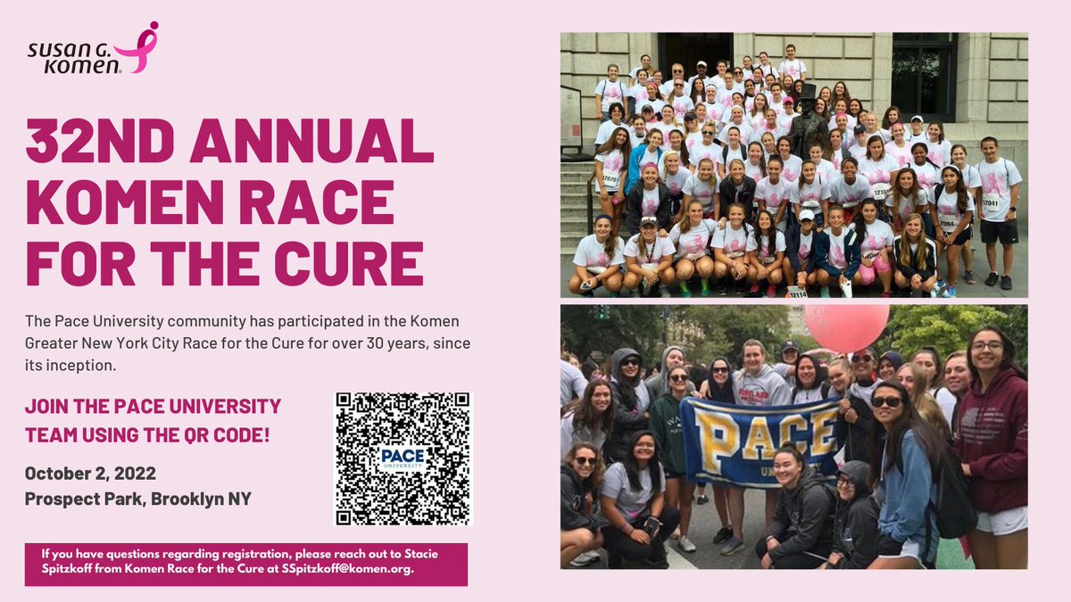 PaceUNews's tweet photo. Join the #PaceU Susan G. Komen Race for the Cure team—32 years strong! Sign-ups are easy, and you'll play an important part in the fight against breast cancer, use discount code pacestudent: https://t.co/er6MWs5aiA https://t.co/Y9ABD7Udhg