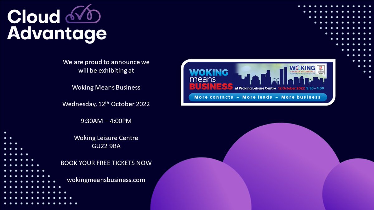CldAdv's tweet photo. We are proud to announce we will be exhibiting at 
@WokingMeansBiz
 Wednesday, 12th October at 9:30AM – 4:00PM at Woking Leisure Centre (GU22 9BA)

BOOK YOUR FREE TICKETS NOW
https://t.co/6xFcAEQVxf
#wmb2022 #wokingevents #wokingbusiness https://t.co/7KtS6Wpj4K