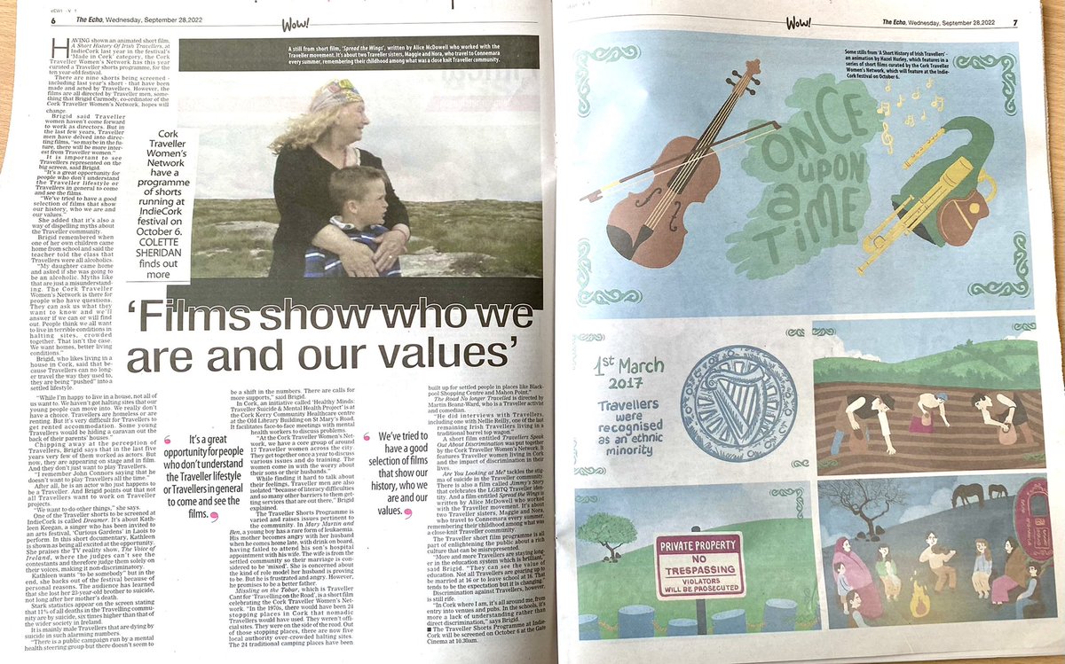 IndieCork's tweet photo. Fabulous coverage in @irishexaminer @echolivecork of the Traveller Shorts programme, curated &amp; organised by Cork Traveller Women’s Network. @gatecinemas Oct 6th 10.30am

‘Films show who we are and our values’ Thank you @colsheridan https://t.co/5DnO3vgdjW
