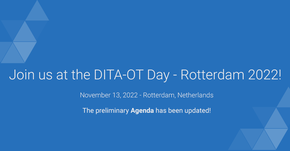 oxygenxml's tweet photo. ๐ Make sure to check the updated agenda for DITA-OT Day - Rotterdam 2022:
https://t.co/cZom4M58BG
๐ Similar to previous years, DITA-OT Day remains a FREE EVENT!
To book your free seat, fill out the form found at the link below:
https://t.co/nboOLfLRp6
#DITA #ditaot #oXygenXML https://t.co/uv8p5wDC6D