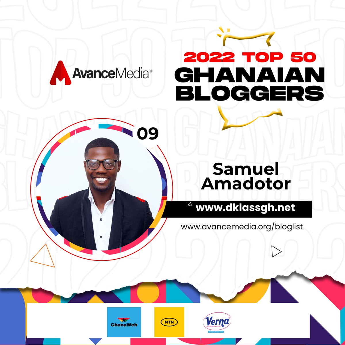 avancemedia's tweet photo. Congratulations to Samuel Amadotor, on ranking as No. 09 on Avance Media's 2022 Top 50 Ghanaian Bloggers ranking with the blog https://t.co/BpSBc2uzeD
@Dklassgh
Visit https://t.co/kHROGk1L2G for full list
#AvanceMedia #TopGHBloggers https://t.co/MOSB4wqjdQ