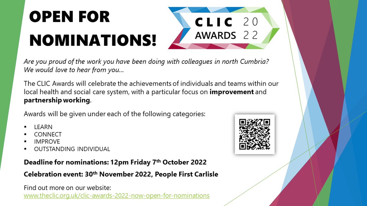 🌟 CLIC AWARDS 2022 - deadline extended 🌟

If you're proud of the improvement and partnership work you've been doing, why not celebrate and share it with our help 🎉

The deadline for nominations has been extended to Friday 7 October.

Find out more ➡️ ow.ly/Xr8q50KVAll