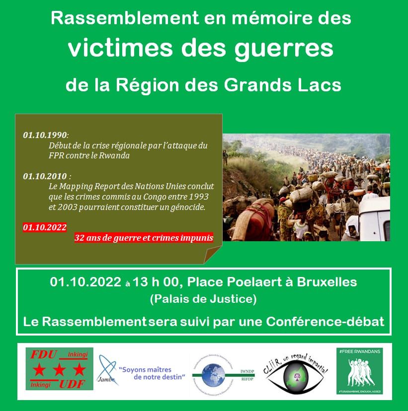 Face à l'historique et aujourd'hui à la recrudescence des violences à l’Est de la RDC avec l’implication avérée des autorités du Rwanda, les Congolais et Rwandais de Belgique organisent un rassemblement suivi d’une conférence-débat le samedi 1er Octobre à Bruxelles.