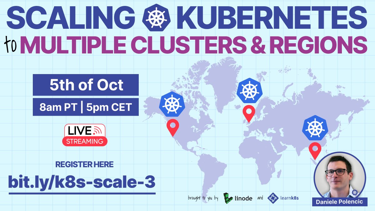 Next week, our very own @danielepolencic will explain how to orchestrate Kubernetes clusters located in different regions using Karmada and Istio. 📅 Oct 5 ⏰ 8:00 AM PT | 11:00 AM ET | 5:00 PM CEST Register now (it's free): kube.events/t/a35a3a6f-2d3…