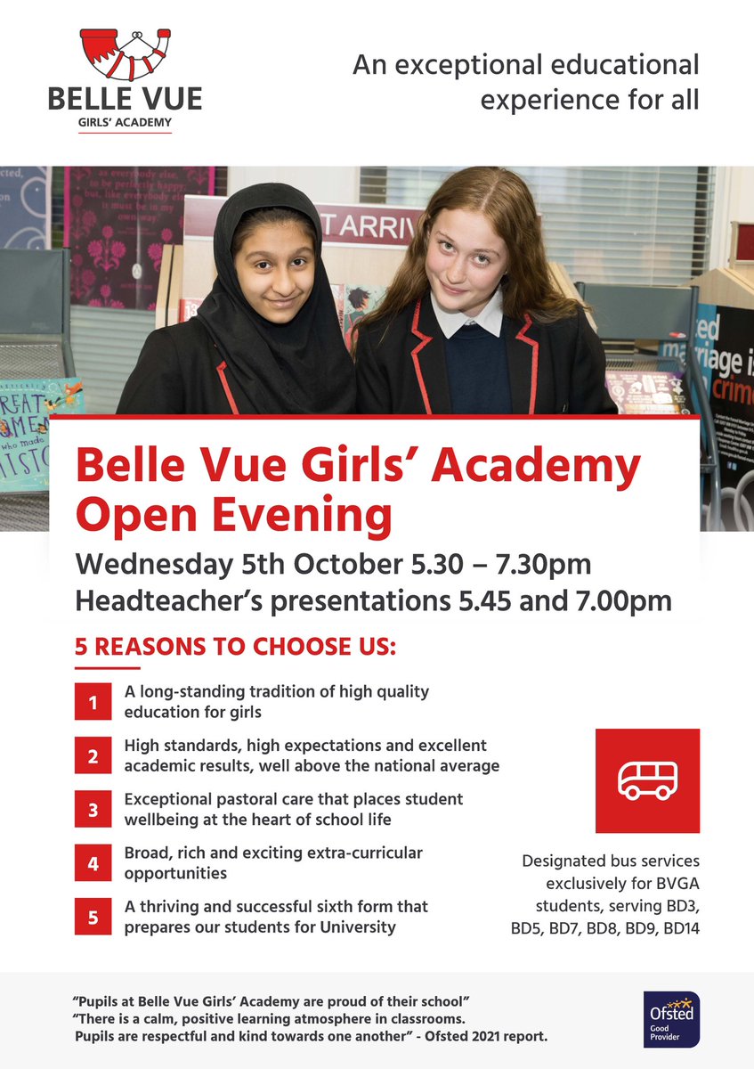 Belle Vue Girls Academy Open Evening is on 5th October. They provide an exceptionally high quality of education for girls aged 11-18. Ambition, aspiration and excellence, in a kind and supportive school environment. For more information visit bvgacademy.co.uk