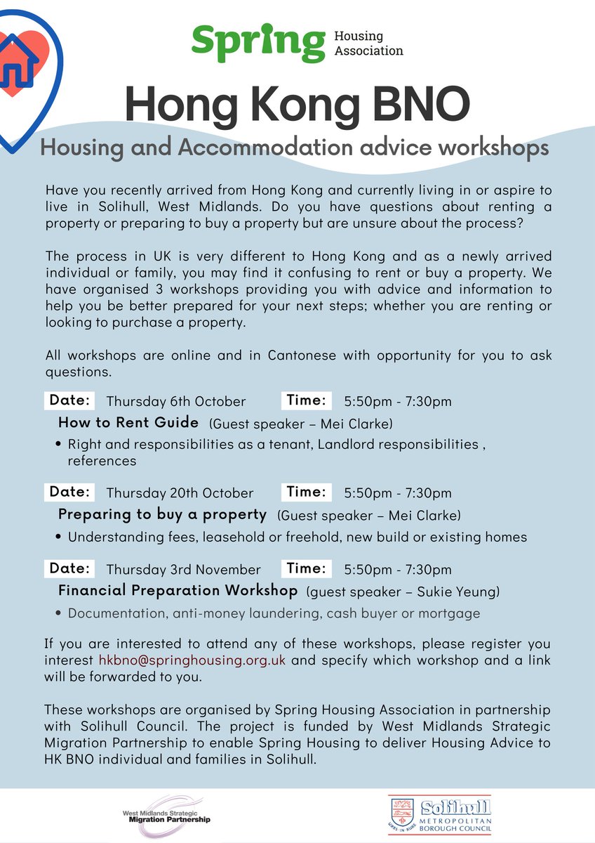 WestMidlandsSMP's tweet photo. Housing and Accommodation advise workshops for Hong Kongers
#bnos #hongkongers #wmsmp https://t.co/iSHMJD2cnz