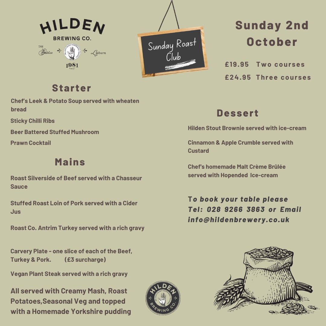 Anyone looking for Sunday lunch to welcome the start of autumn? Our monthly Sunday Lunch Club is on this Sunday. To book email info@hildenbrewery.co.uk or call 02892663863.