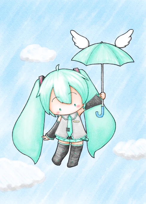 傘で空を飛ぶミクさん。#初音ミク 