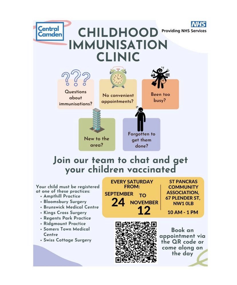 We are now running weekend child immunisation clinics in the community. Eligible patients from our practices can book an appointment using the QR code. #nhs #vaccines #childhoodimms #generalpractice #camden
