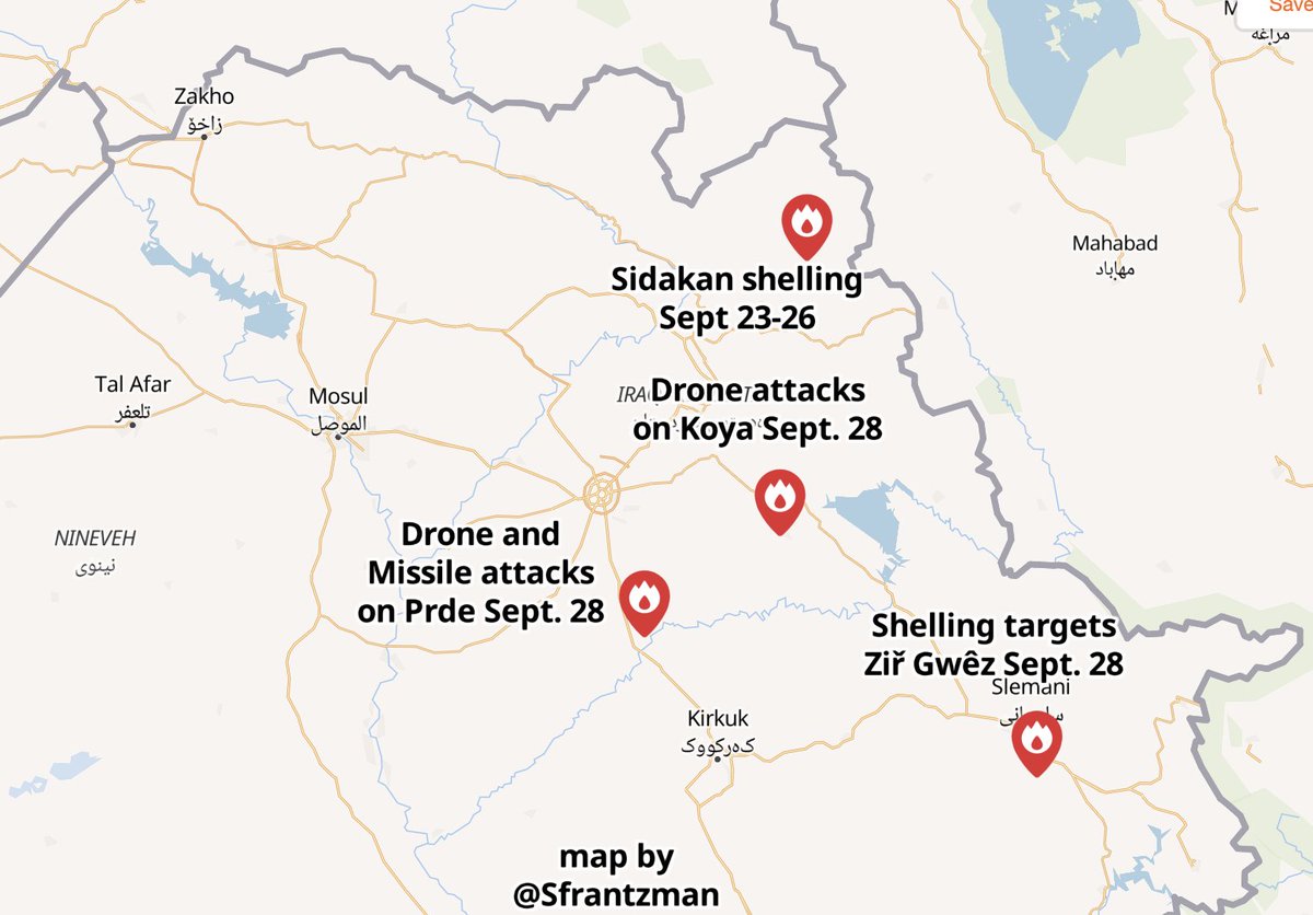 sfrantzman's tweet photo. Updated map of Iranian attacks on Kurdistan region of northern Iraq Sept. 23-28, most attacks occurred today after days of shelling; now using drones, missiles; and so far at least 7 killed; dozens wounded. https://t.co/JhSvcmexgY