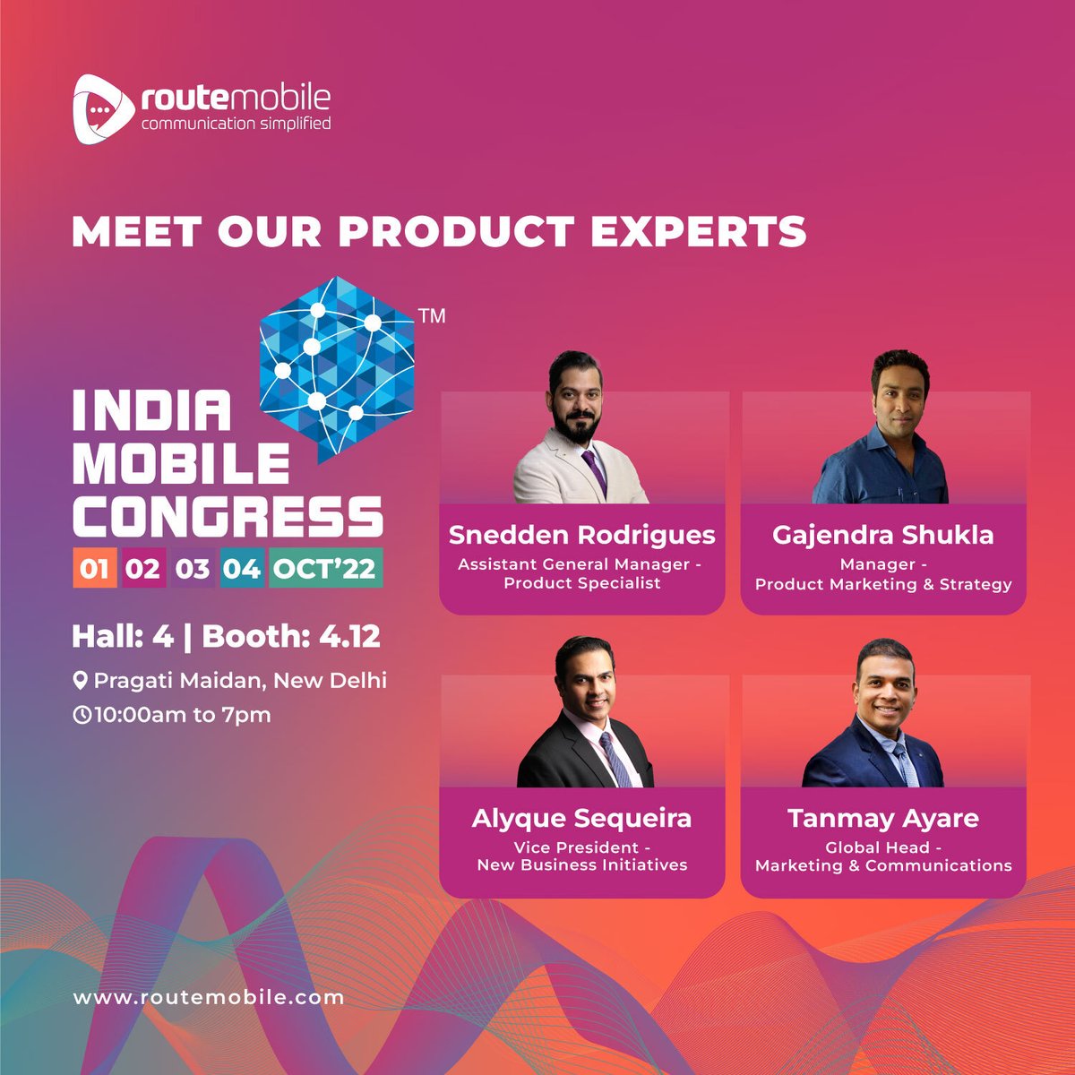 routemobile's tweet photo. Connect with our team of product experts at this edition of #IndiaMobileCongress 2022.

Book your meeting - https://t.co/cj6IHzjhqu
📅 1st - 4th October 2022
📍 Pragati Maidan, New Delhi

#IMC2022 #RouteMobileatIMC #CPaaS #IndustryEvent #RouteMobile #RouteItRight https://t.co/3q3OFEM2no