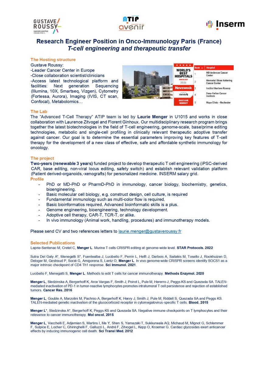 LaurieMengerLab's tweet photo. 2 years funded Research Engineer Position (renewable) therapeutic T-cell engineering at Gustave Roussy (France)! https://t.co/jEhpqfgBEG