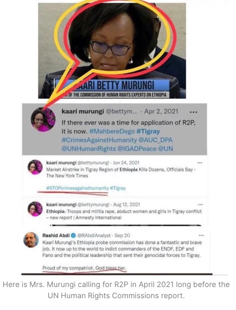 Kaari Murungi has always parotted #TPLF's talking points as evidenced by her #Twitter history.

Mrs. Murungi calling for invocation of #UN’s Responsibility to Protect (#R2P) in April 2021, long before her appointment to the commission.

#SayNoMore