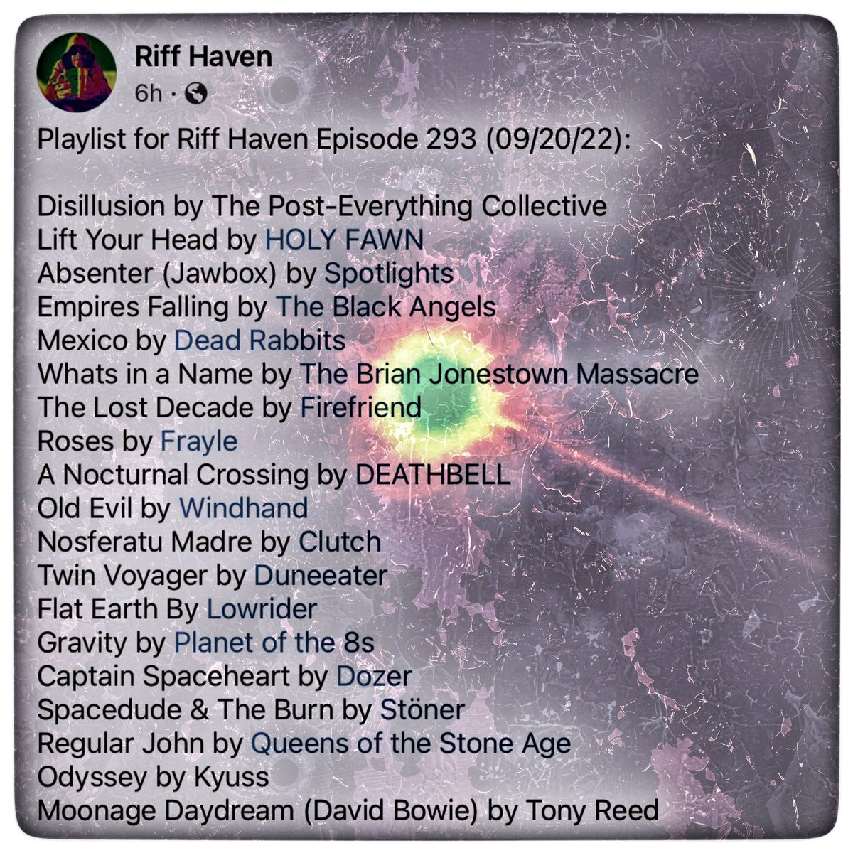 RiffHaven's tweet photo. #RiffHaven #RadioBoise #ThePostEverythingCollective #HolyFawn #Spotlights #TheBlackAngels #DeadRabbits #TheBrianJonestownMassacre #Firefriend #Frayle #Deathbell #Windhand #Clutch #Duneeater #Lowrider #Planetofthe8s #Dozer #Stöner #QOTSA #Kyuss #tonyreed https://t.co/IZSDoxXALi