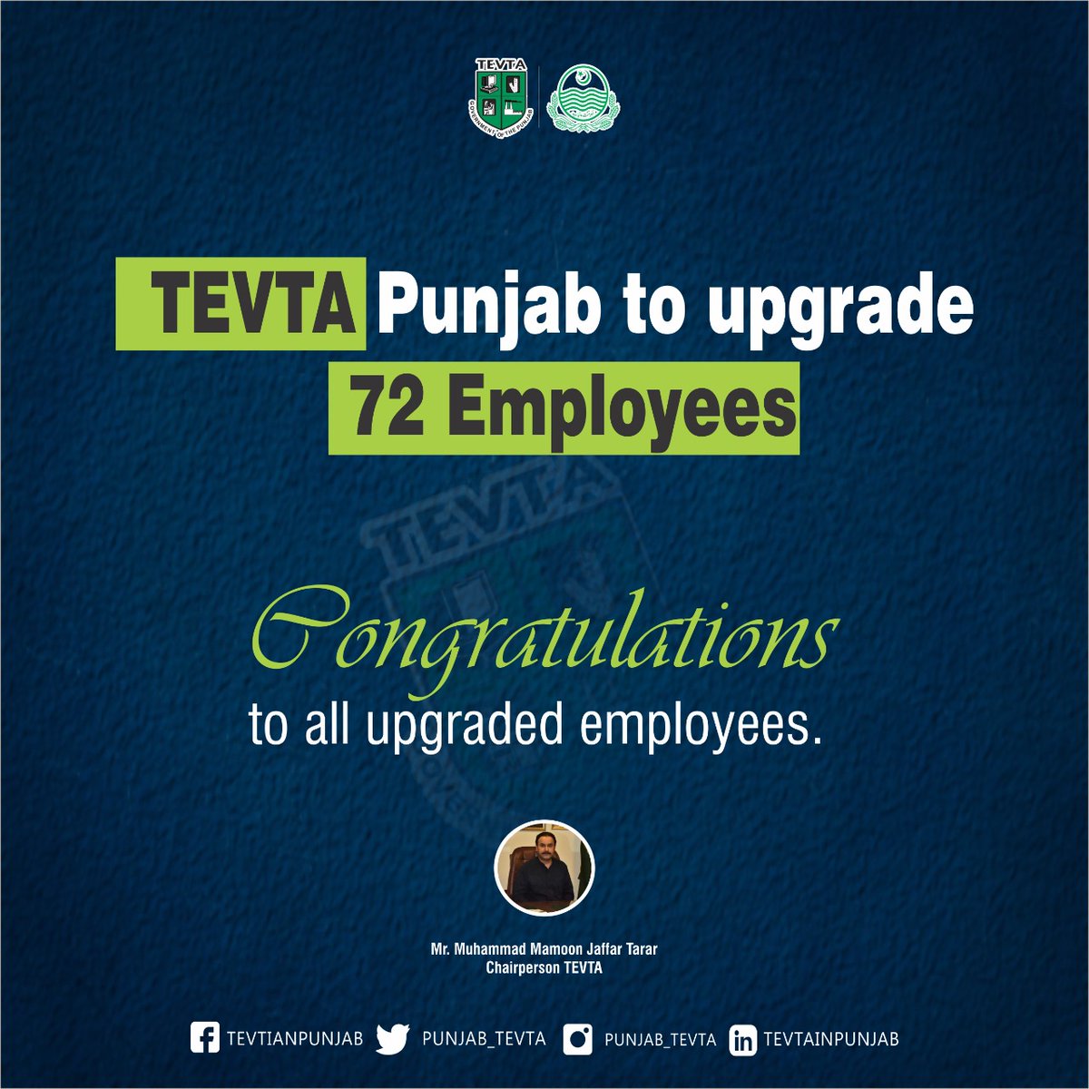 punjab_tevta's tweet photo. TEVTA Punjab under the Leadership of Chairperson TEVTA Mr. Muhammad Mamoon Jaffar Tarar is committed to the welfare of its employees. 10 years of pending upgradation cases of 72 Employees have been Resolved. 
Congratulations to all upgraded employees.
#TEVTA 
#employee https://t.co/xw9L4GoQHj