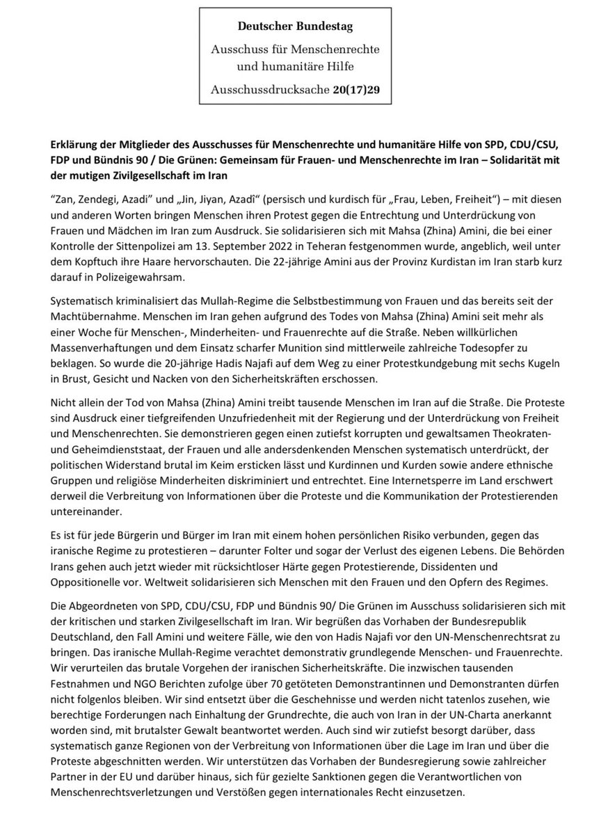 Grade beschlossen: Der Ausschuss für Menschenrechte &amp; humanitäre Hilfe des Bundestages solidarisiert sich mit der mutigen Frauenbewegung des Irans in einer gemeinsamen Erklärung. 💪 #MahasAmini