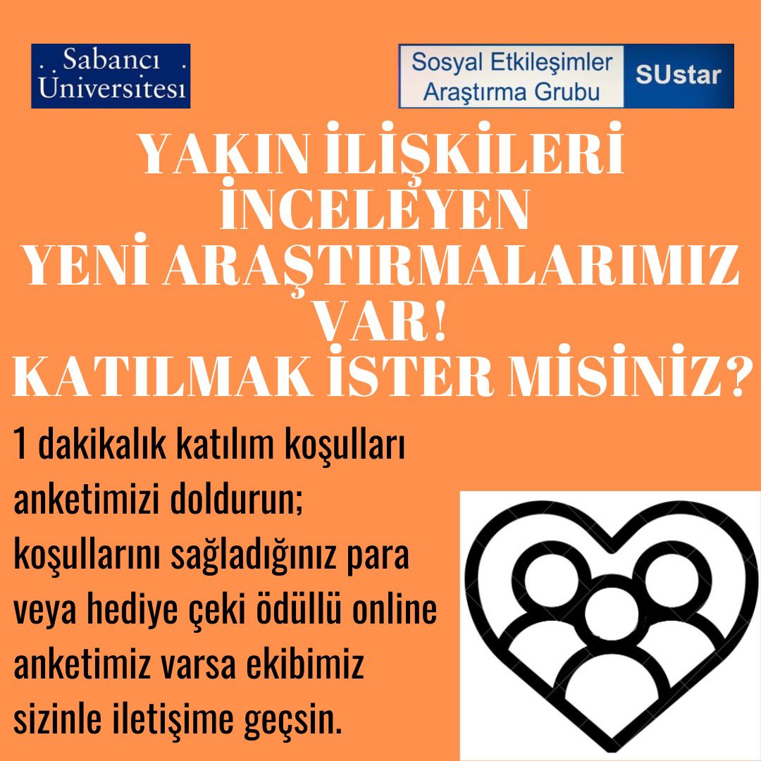 SUStarLab's tweet photo. Sabancı Üniversitesi Sosyal Etkileşimler Araştırma Grubu (SUStar) bünyesindeki bilimsel araştırmalarımıza katkıda bulunmak ister misiniz? Araştırma grubumuz tanıdıklardan arkadaşlara ve
romantik ilişkilere sosyal etkileşimleri anlamaya çalışıyor. https://t.co/vFI5LLN3Ou
