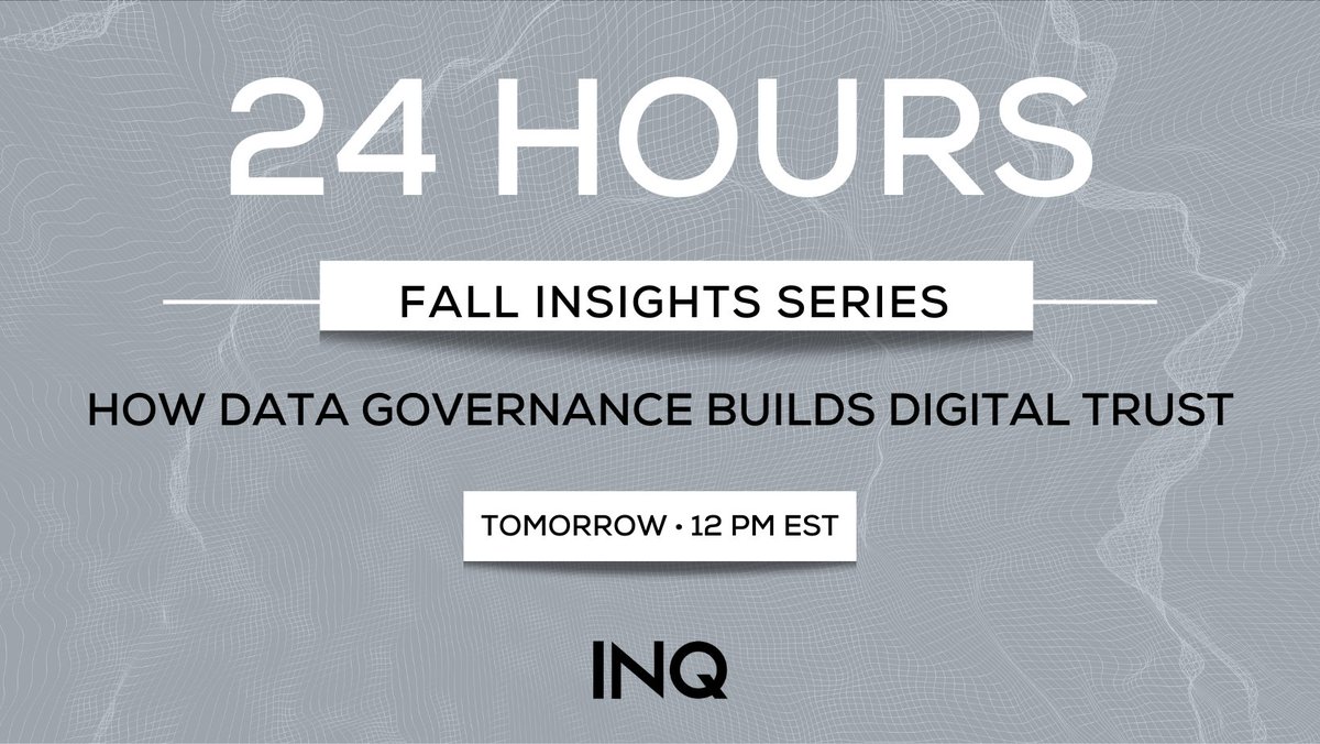 INQLaw's tweet image. Last chance to register for tomorrow’s #datagovernance webinar at 12 pm EST, hosted by INQ&apos;s @AngelaPowerNL and @mjdykeman 
To register, and to be notified of all others coming up, visit: inq.disco.co/p/inqfallinsig….

#dataculture #datawebinar #digitaltrust