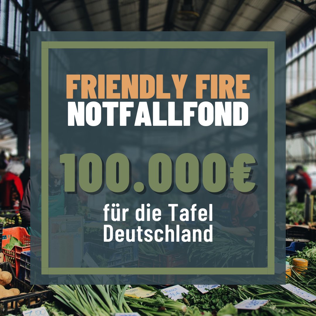 Immer mehr Menschen sind auf die Tafeln angewiesen. Vor allem Geflüchtete und Menschen, die in der Inflationskrise in die Armut rutschen, brauchen Unterstützung. Gleichzeitig steigen die Kosten. Deswegen unterstützen wir mit 100.000€ aus dem Friendly Fire Notfallfond die Tafeln.