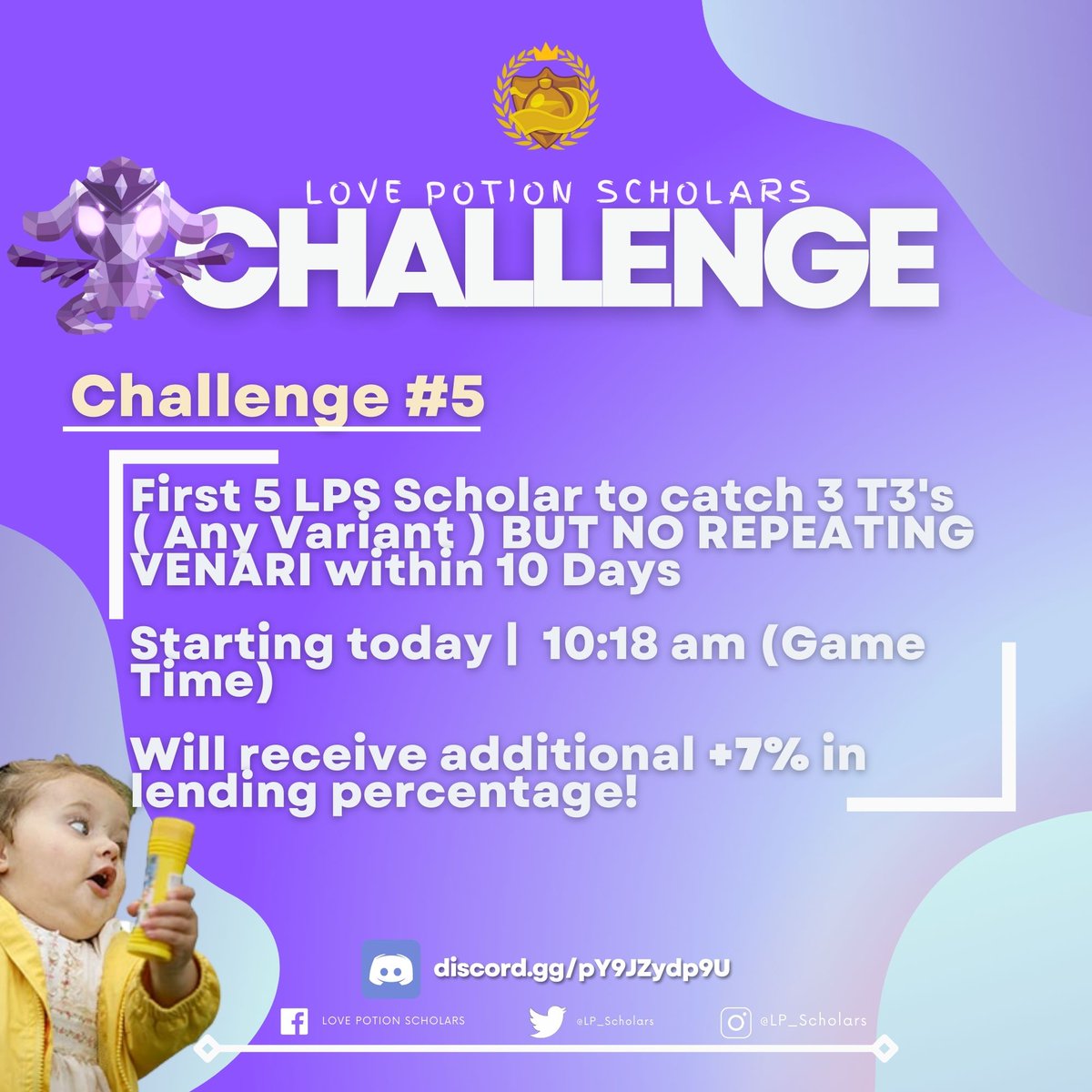 LP_Scholars's tweet photo. Challenge #5
The first 5 LPS Scholars to catch 3 t3s (any variant) but no repeating venaries within 10 days, starting today, will receive an additional +7% lending percentage! https://t.co/eIh1OqjiCf