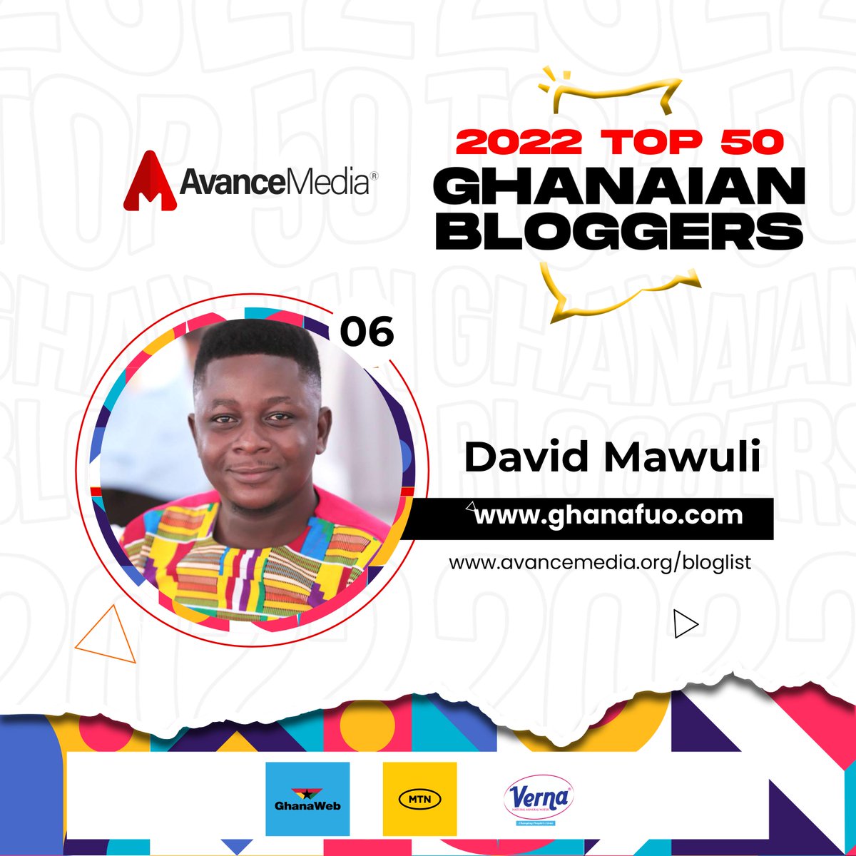 Congratulations to David Mawuli on ranking as No. 06 on Avance Media's 2022 Top 50 Ghanaian Bloggers ranking with the blog ghanafuo.com

<a href="/ghanafuodotcom/">Ghanafuo•com</a> 
<a href="/DavidMawuli/">David Mawuli</a> 

Visit avancemedia.org/bloglist for full list

#AvanceMedia #TopGHBloggers
