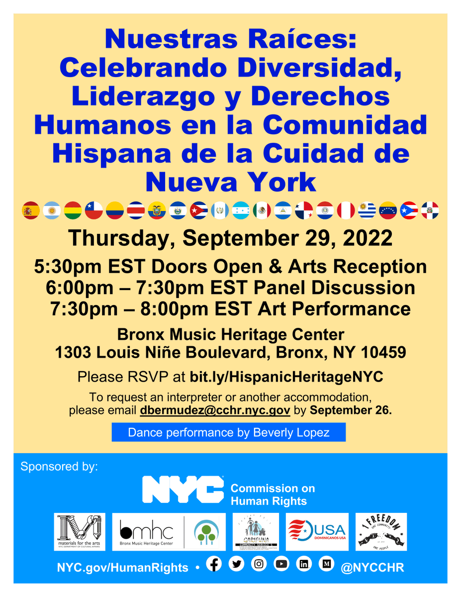 Tomorrow, at 5:30pm we are proud to be joining <a href="/NYCCHR/">NYC Human Rights</a> and other amazing organizations to celebrate and honor the roots and culture of the Latino/Latinx/Hispanic community! 🇩🇴🎉
➡️ RSVP at bit.ly/HispanicHerita…
