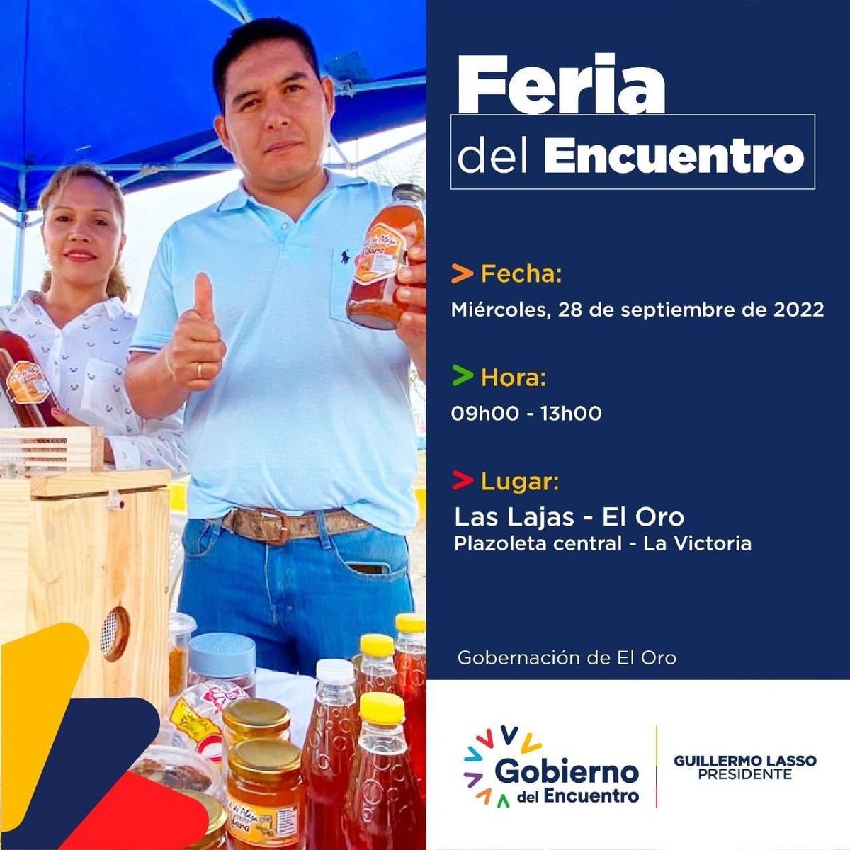 GoberElOro's tweet photo. 📍ATENCIÓN | Te esperamos la #FeriaDelEncuentro en la plazoleta central del cantón #LasLajas. 

Disfruta de una mañana de música, gastronomía y de los servicios que tiene el #GobiernoDelEncuentro a través de sus instituciones. 

#JuntosLoHacemosPosible https://t.co/4N1SFXair0