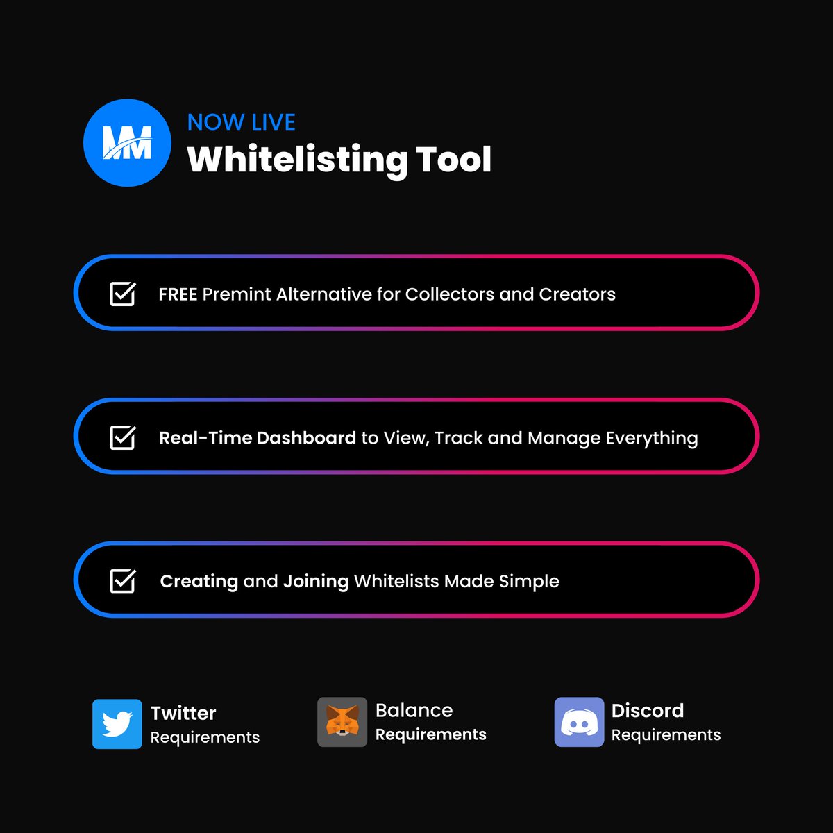 Update 👀
We just stealth launched our FREE Whitelisting Tool 🚀 

Simply Build and Join Whitelist Raffles🔥
⚡️ Custom Dashboard
⚡️ Social Auth
⚡️ Automated Raffles 
⚡️ And Much More..

Project onboarding in progress.
Get your free creators key in Discord.
meta-mint.io