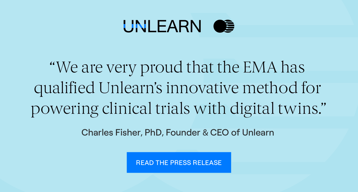 Breaking News! Unlearn is the first company to receive <a href="/EMA_News/">EU Medicines Agency</a> regulatory approval for a machine learning-based method for reducing sample size in pivotal #clinicaltrials. Read the press release here: bwnews.pr/3dMMbF4