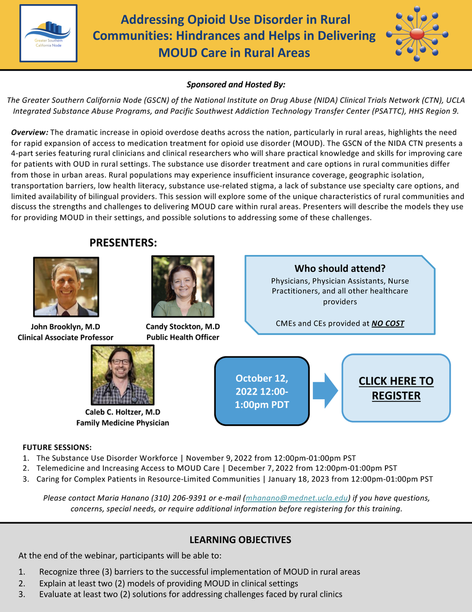 icuddr's tweet photo. The Greater Southern California Node of NIDA CTN and Pacific Southwest Addiction Technology Transfer Center, present a 4-part training series addressing Opioid Use Disorder in Rural Communities.

First Session: 

⏰ Oct 12, 2022 @ 12PM PDT

Register 👇
https://t.co/qDQlcpD0m5 https://t.co/0Fs1bwCX3p
