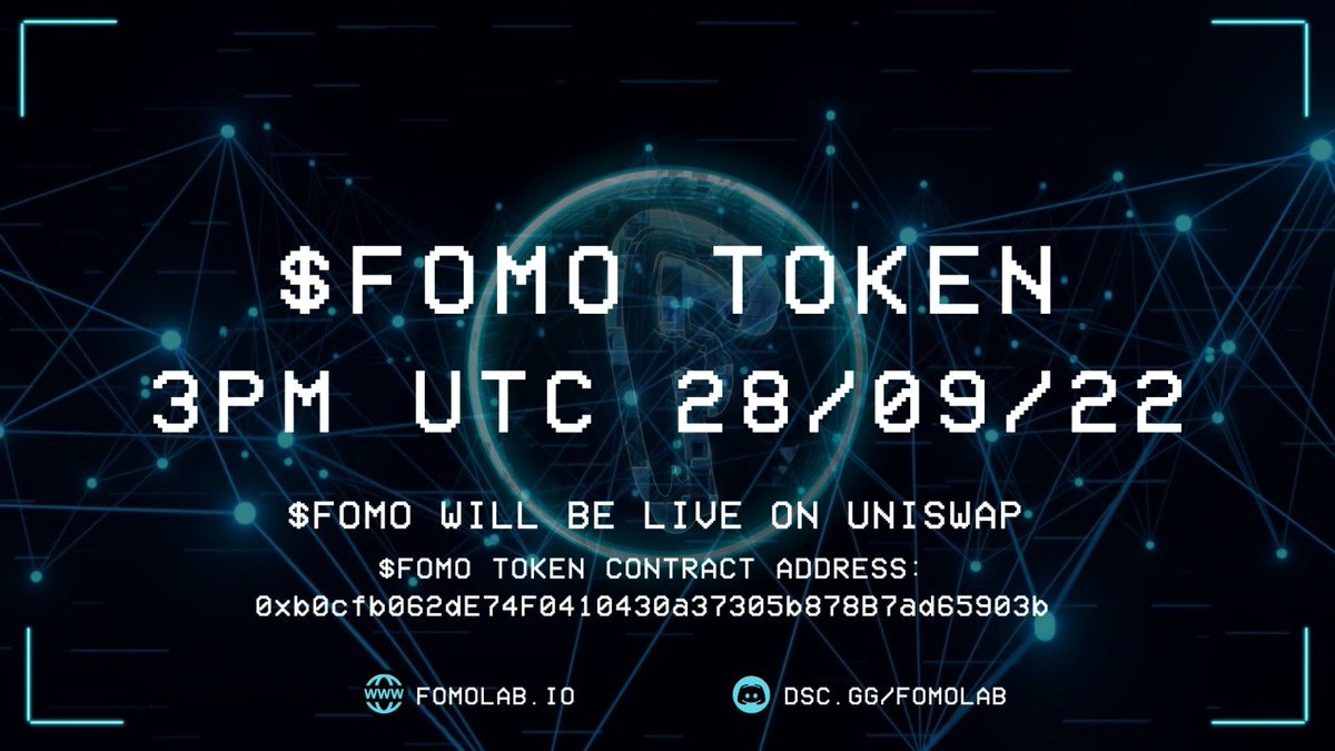 The $FOMO token Token Generation Event will be happening soon!

The official $FOMO token address is: 0xb0cfb062dE74F0410430a37305b878B7ad65903b

You will be able to get the $FOMO token on <a href="/Uniswap/">Uniswap Labs 🦄</a>!

$FOMO #FOMO #FomoLab