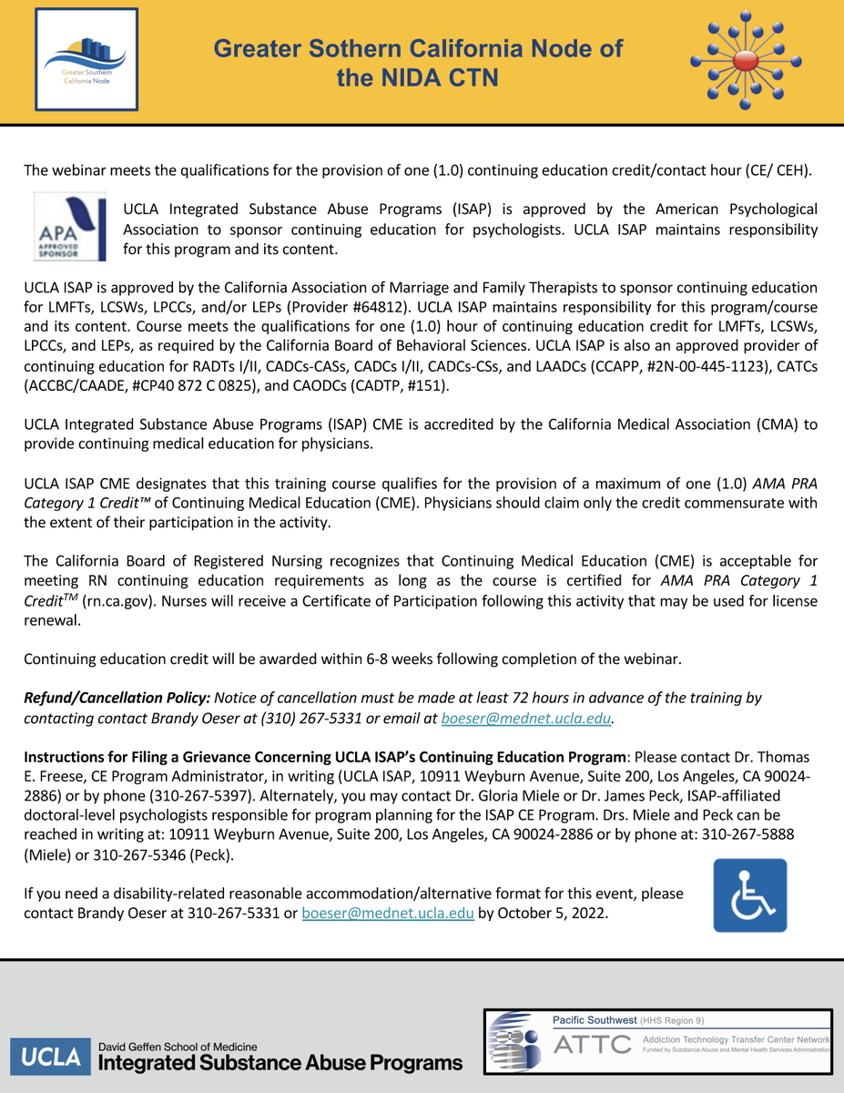 The Greater Southern California Node of NIDA CTN and Pacific Southwest Addiction Technology Transfer Center, present a 4-part training series addressing Opioid Use Disorder in Rural Communities.

First Session: 

⏰ Oct 12, 2022 @ 12PM PDT

Register 👇
uclahs.zoom.us/webinar/regist…