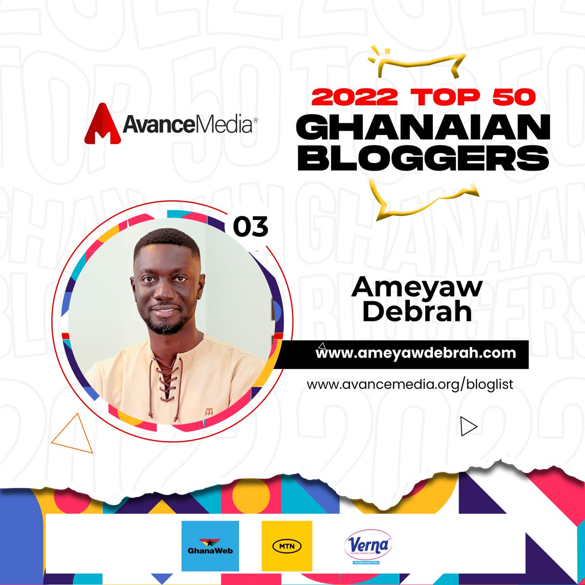 avancemedia's tweet photo. Congratulations to Ameyaw Debrah on ranking as No. 03 on Avance Media's 2022 Top 50 Ghanaian Bloggers ranking with the blog https://t.co/ApLapPje6o
@AmeyawDebrah
@AmeyawTV
Visit https://t.co/kHROGk1L2G for full list
#AvanceMedia #TopGHBloggers https://t.co/LHj2MVO8EJ