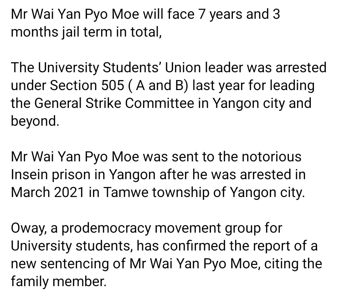 TheChindwin's tweet photo. Myanmar’s military regime has handed on Wednesday Wai Yan Phyo Moe, Vice Chairman of All Burma Federation of Students’ Union (ABFSU) to 2 years jail sentence, which is an addition to the previous sentence of 5 years and 3 months. 

Photo/Oway https://t.co/FzuipZmYvD
