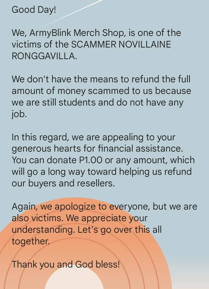 ShopArmyblink's tweet photo. Hello po sa inyong lahat! Sana po ay matulungan niyo kami. Kahit P1.00 po ay malaking tulong na para sa pagrerefund po namin. Maraming salamat po🖤💜

Gcash:
09363968457 - K.G.

Please help retweet po, thank you! https://t.co/jvEndJludh