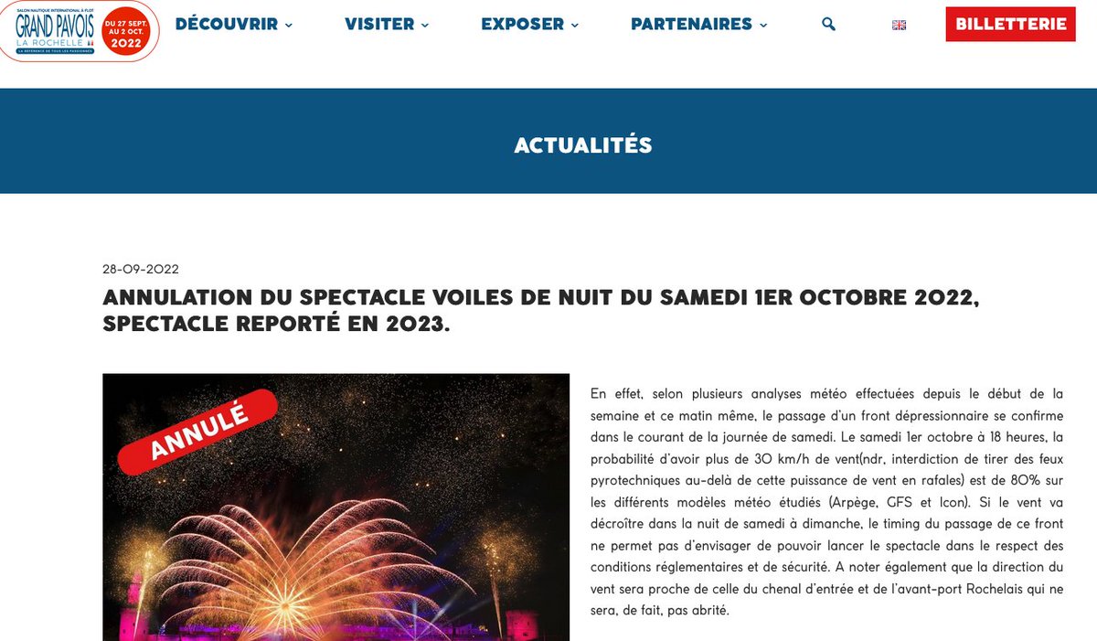 #GrandPavois 2022 - Le spectacle Voiles de Nuit du samedi 1er août organisé dans le cadre du 50e anniversaire est annulé. 

grand-pavois.com/annulation-du-…