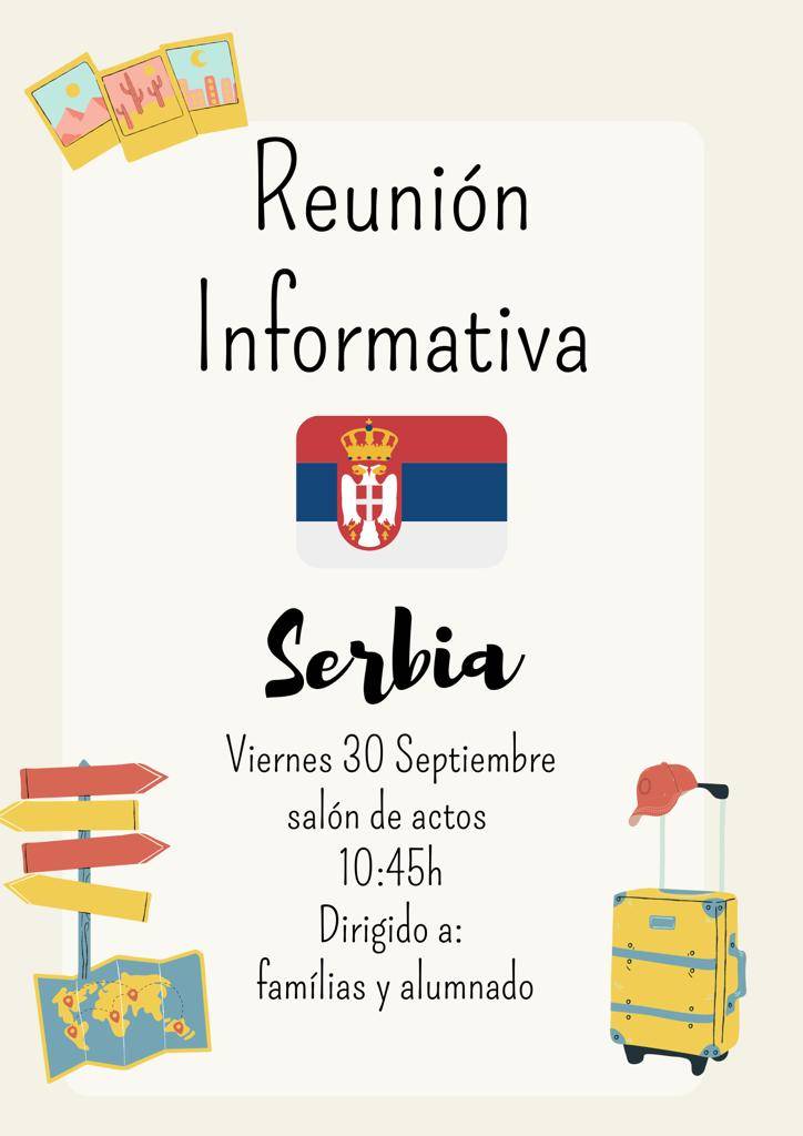 Reunió informativa SÈRBIA
📆 Divendres 30 de setembre
🕙 10.45 h 
📌 Sala d'Actes IES Botànic
👨‍👨‍👧‍👧 Dirigit a l'alumnat i les famílies