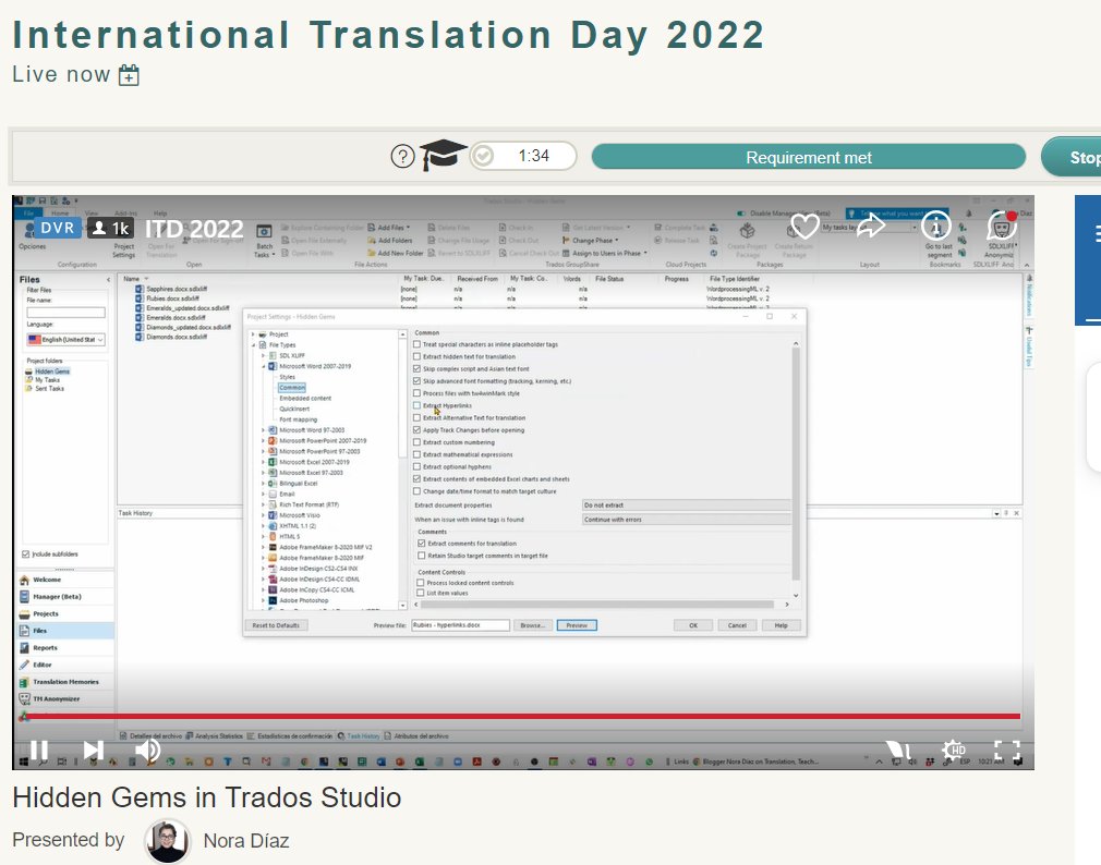 Currently attending <a href="/NoraDiazB/">Nora Díaz</a>'s presentation on <a href="/rwstrados/">Trados</a> for #itd2022 #prozcom #xl8 #t9n #1nt