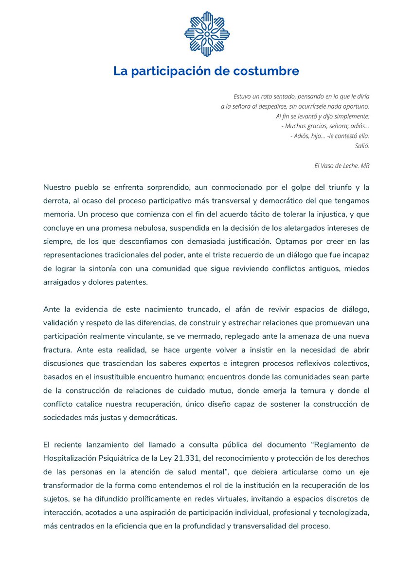 sosamchi's tweet photo. Les dejamos la declaración de @sosamchi sobre el llamado a consulta pública del @ministeriosalud del Reglamento de Hospitalización Psiquiátrica de la Ley 21.331. 

Debemos replantear las ligas de participación en política públicas. https://t.co/lR9R3H35HV