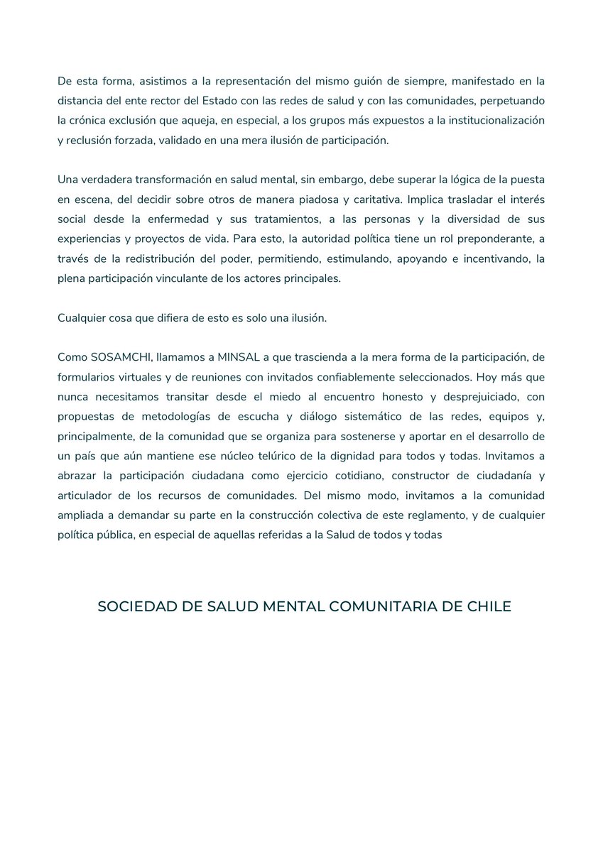 sosamchi's tweet photo. Les dejamos la declaración de @sosamchi sobre el llamado a consulta pública del @ministeriosalud del Reglamento de Hospitalización Psiquiátrica de la Ley 21.331. 

Debemos replantear las ligas de participación en política públicas. https://t.co/lR9R3H35HV