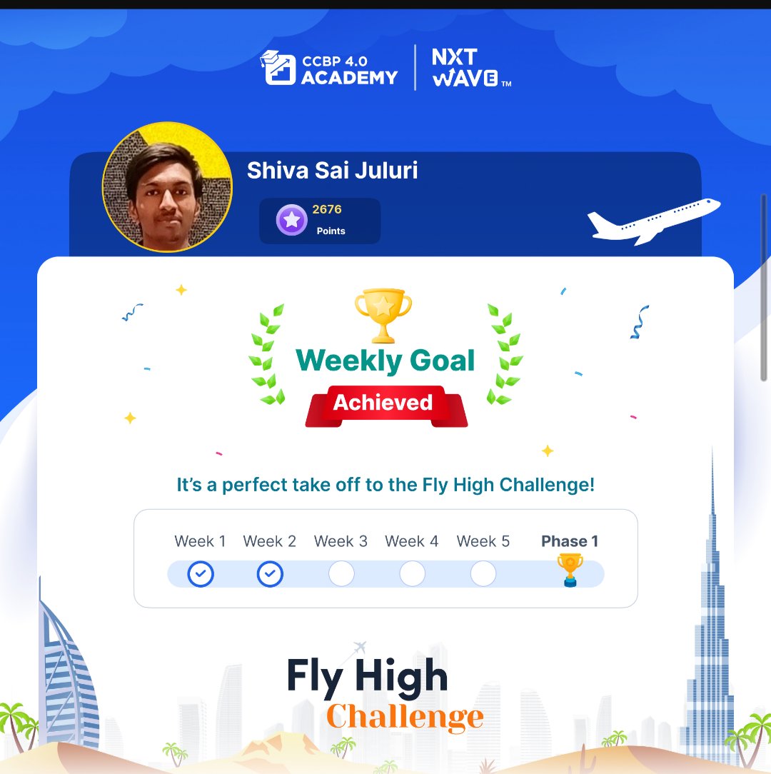 JuluriSai1's tweet photo. #ccbp #nxtwave #Coding  #flyhighchallenge
Hey friends successfully completed 
week-2 goal of Fly High challenge https://t.co/Xtku9xL8MD