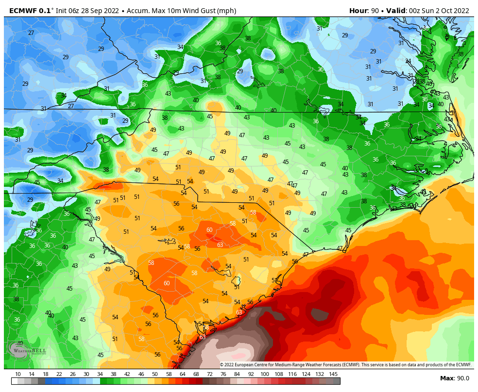 Allan Huffman on Twitter "The 6z ECMWF shows winds could gust to 50