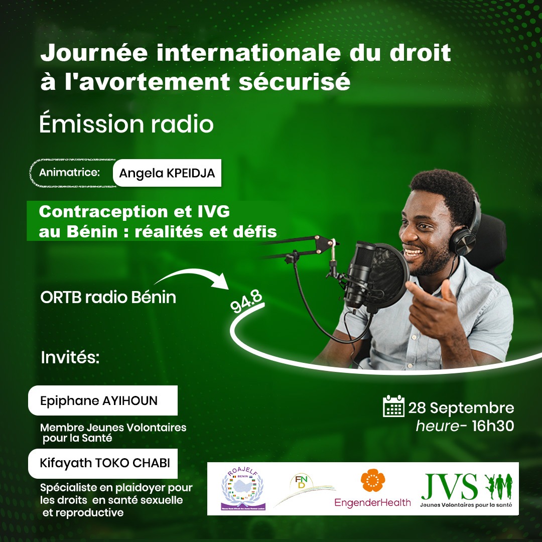 JVSAssociation's tweet photo. Dans le cadre de la #JIDAS nous serons avec @Kpeidja_Angela pour discuter de Contraception et IVG au Bénin: Réalités et Défis. Pour cela nous serons avec @AyihounE et @Kifachabi, deux jeunes activistes pour les #DSSR au Bénin.
Restez cablé.e.s sur la 94.8 à 16h3
#Sept28
#JIDAS https://t.co/LcVQELmoHU