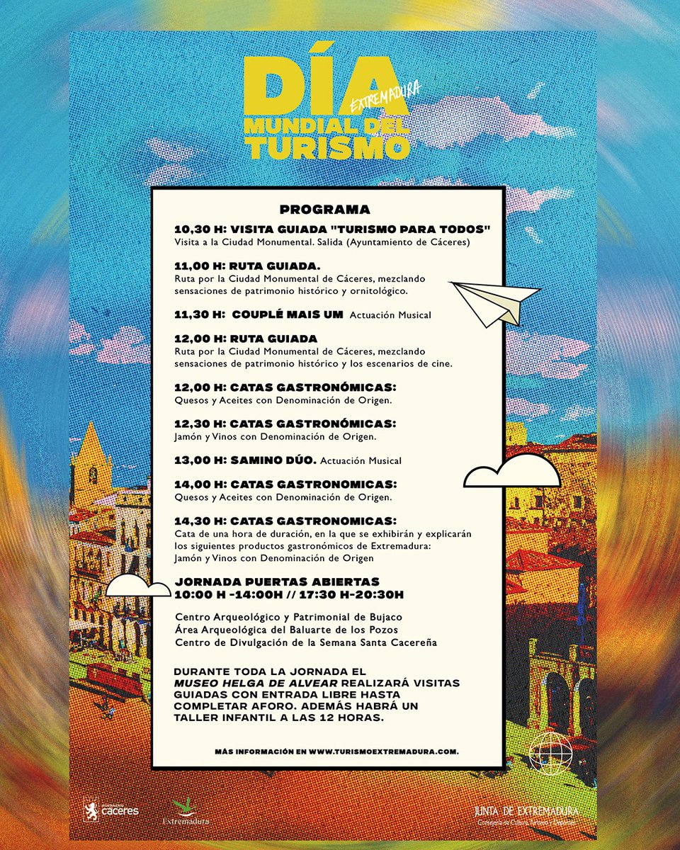 👋🏻Recuerda que este sábado 1 de octubre celebramos el #DíaMundialDelTurismo en #Cáceres (en el Foro de los Balbos).
🏛️🚶‍♀️ visitas guiadas, 🎶 música, 🍽️ gastronomía y un 📗  punto de información para descubrir la oferta turística de #Extremadura. ¡Vente! 👇🏻
turismoextremadura.com/en/explora/Dia…