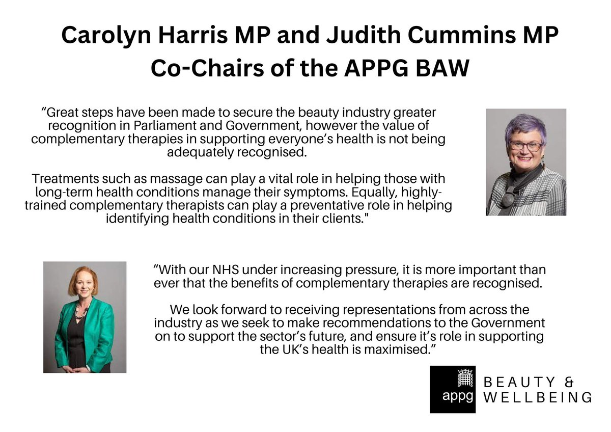Today the APPG launched a new investigation into the value of complementary therapies, to explore:
⚕️how they can support our health
📘the industry skills gaps
✅the viability of businesses and jobs
💪government support for the future of sector
<a href="/carolynharris24/">Carolyn Harris</a>  <a href="/JudithCummins/">Judith Cummins MP</a>