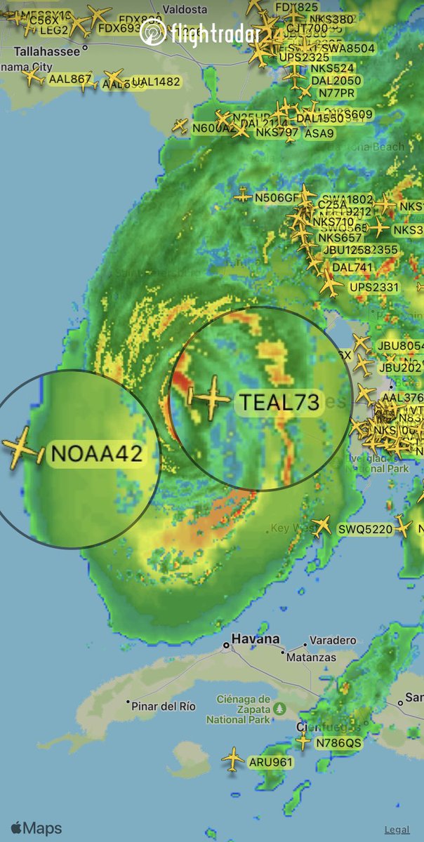 Hurricane Hunters through #HurricaneIan 

#TEAL73 with multiple passes through the eye this morning. fr24.com/TEAL73/2da2c135

#NOAA42 working around the outer bands. fr24.com/NOAA42/2da2e236
