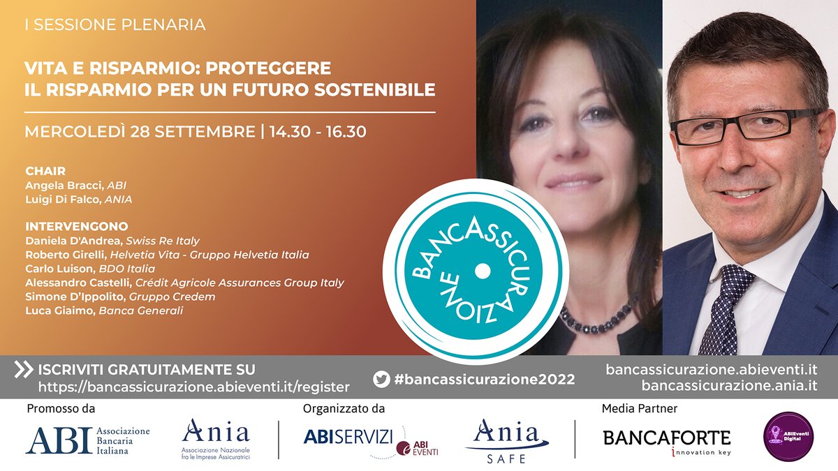 ABI_Eventi's tweet photo. #bancassicurazione2022 parliamo di #futuro #sostenibile, #investimenti #ESG, #previdenzaintegrativa, #PEPP, polizze #TCM, #clienti #bisogni ... con #Bracci #ABI #DiFalco @aniaufficiale #Dandrea @SwissRe #Girelli @helvetia_ita ... https://t.co/ARscmKu7Vv