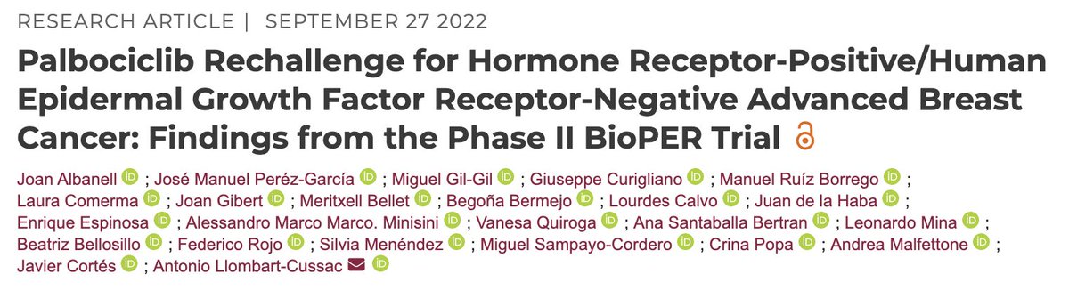 AMalfettonePhD's tweet photo. #BioPER trial explored #palbociclib maintenance after PD on the same CDK4/6i
32 pts with pretreated HR+HER2- #MBC
✅CBR 34.4% (2 PR, 9 SD)
✅mPFS 2.6 mo
✅Baseline ⬇️Rb/⬆️cyclin E1/ESR1m predict worse outcome (HR 22.0; P=0.018)
🧐Confirmatory #PALMIRA trial is ongoing
@OncoAlert https://t.co/o6ILaVcf0z